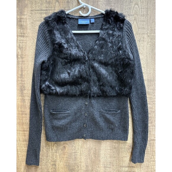 Simply Vera Vera Wang women size M black and gray faux fur button cardigan - Picture 4 of 9